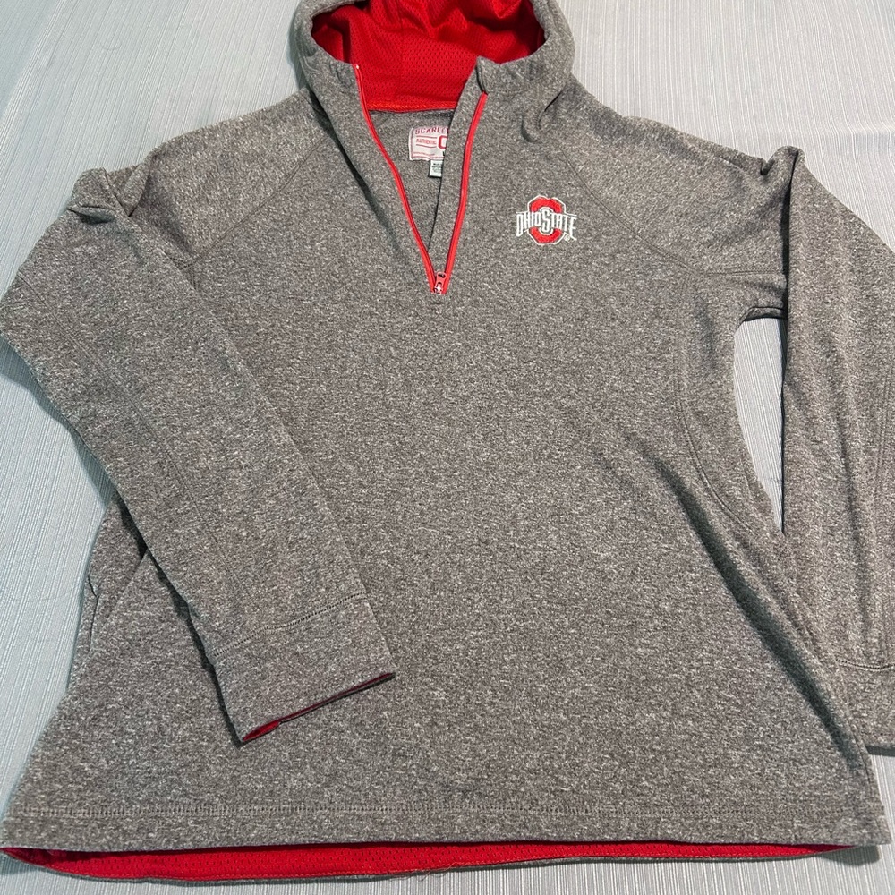 Gray & Red Half-Zip Hooded Pullover